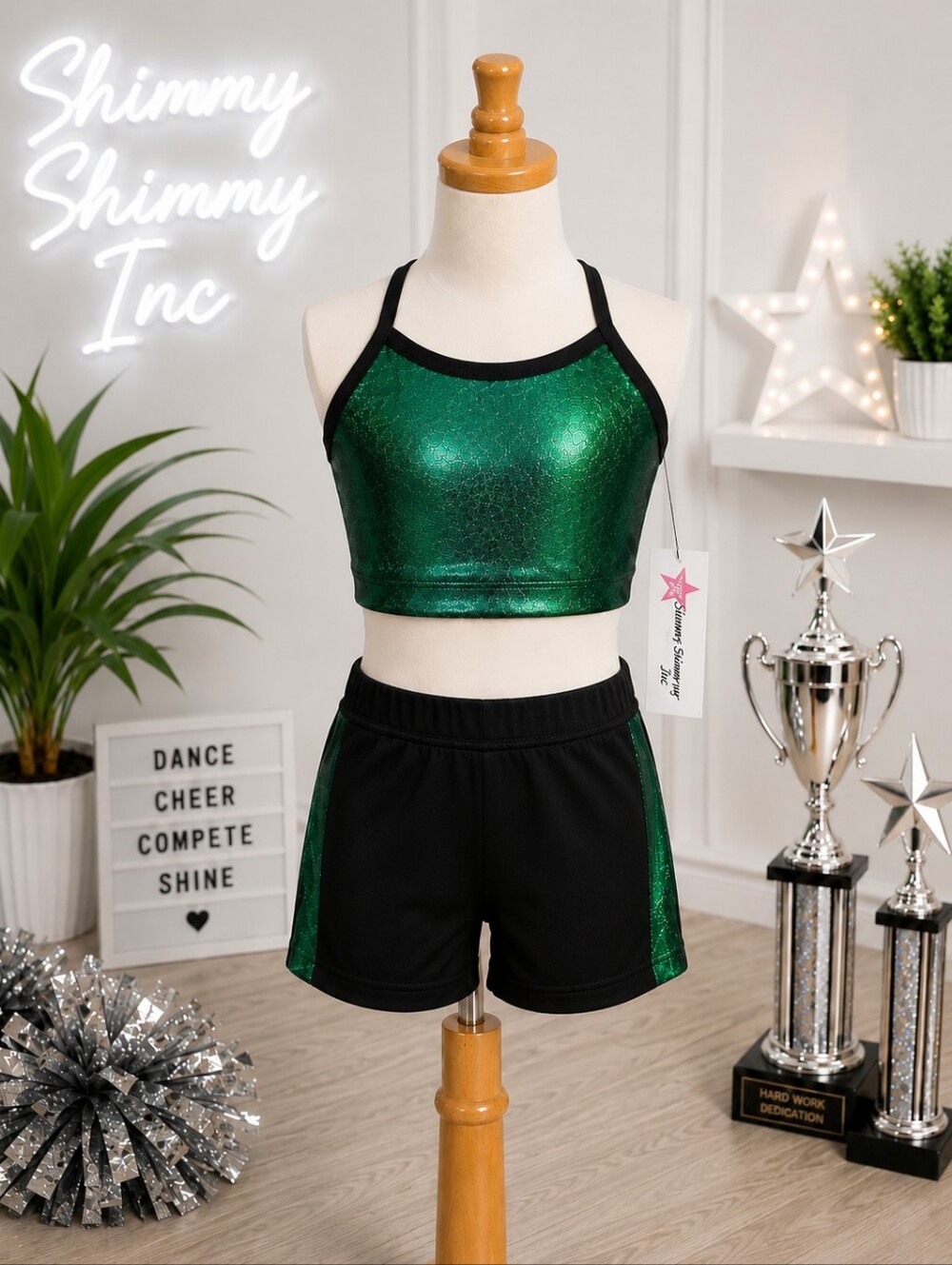 Shimmy Shimmy Inc Green Hologram Dance crop top and short Set NWT Cheer Gym